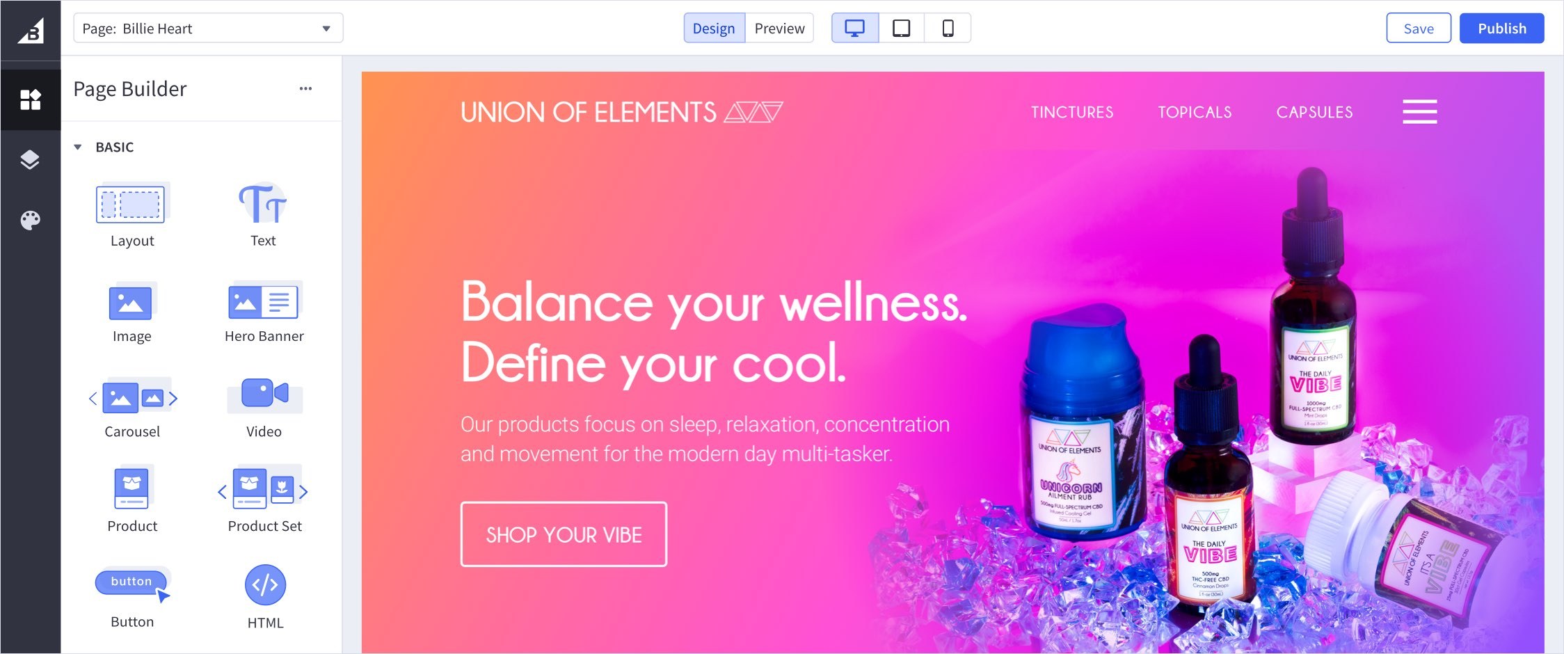 Collage product backend page builder interface desktop union of elements bigcommerce